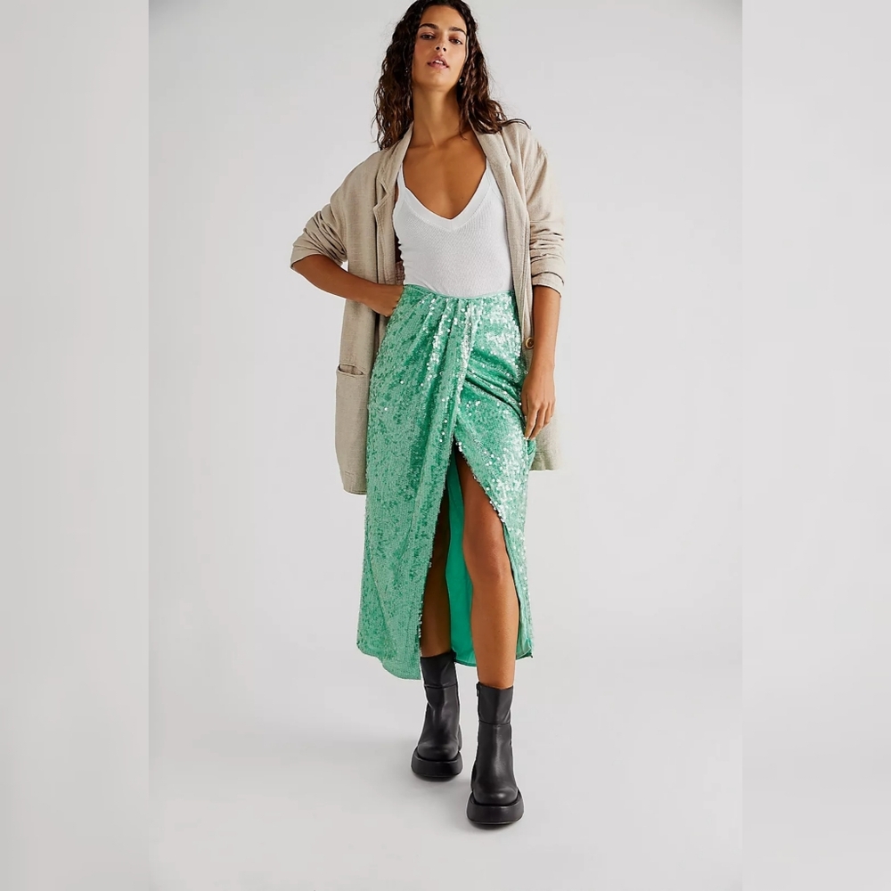 Free People Poets Sequin Sarong Skirt Green Women's‎ Size 14